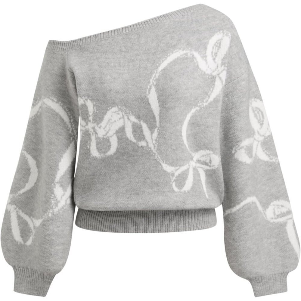 🆕Women’s Grey CIDER One Shoulder Bowknot Knit Pullover Sweater